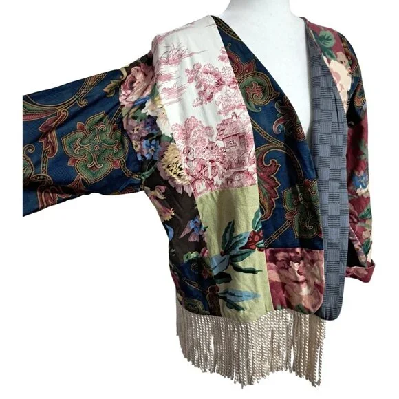 Vintage Boho Patchwork Fringe Floral Kimono Jacket Multicolor Artsy Toile Paisle - Picture 2 of 11